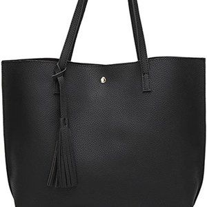 Black Faux Leather Soft Tote Bag with Tassel